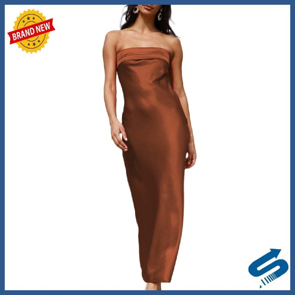 Satin Strapless Maxi Dress Backless Formal Wedding Guest Gown
